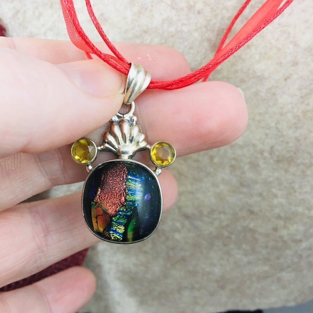 Dichoric Glass And  Citrine Sterling Silver Pendant Necklace